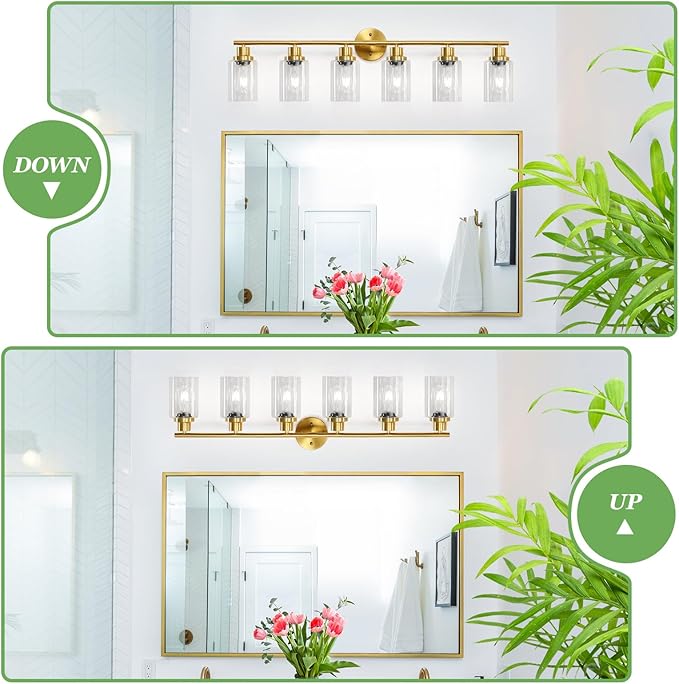 6-Light E26 Gold Bathroom Vanity Lights, Modern Bathroom Light Fixtures with Clear Glass Shade, Wall Lamps for Mirror Hallway Kitchen Cabinet Living Room Sconces Lights