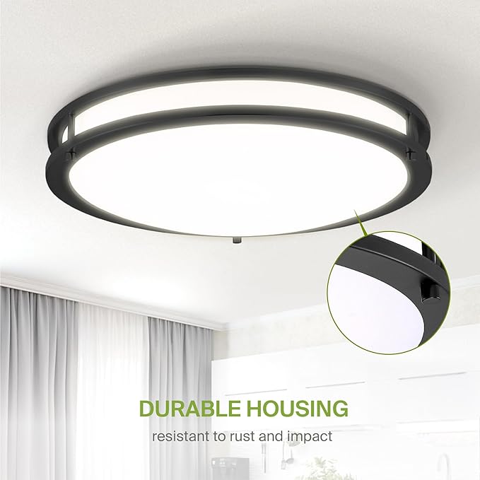 ASD LED 18" Round Flush Mount Lighting, Close to Ceiling Light Fixture | 3CCT, Dimmable, Energy Star, ETL Listed | 28W 2230LM 3000-5000K 120V | Low Profile Double Ring Lamp | Black