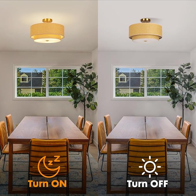 16 Inch Modern Semi Flush Mount Ceiling Light Fixture, Double Rattan and Wicker Style Drum Shade, Gold Farmhouse Flush Ceiling Lamp for Bedroom, Living Room, Dining Room, Kitchen