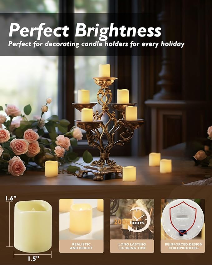 Homemory 12Pack Flickering Flameless Votive Candles, 200+Hour Electric Fake Candles, Battery Operated LED Tealight for Wedding, Outdoor, Table, Festival (Warm White,Battery Included)