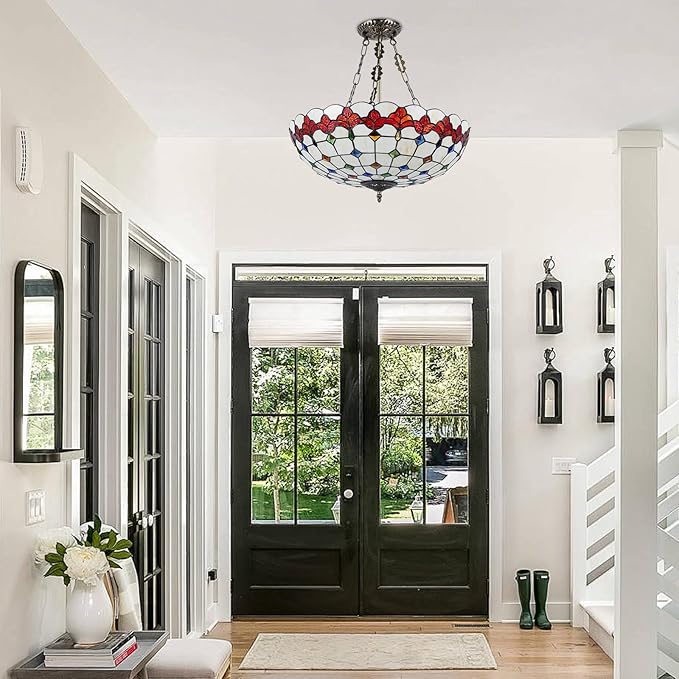 Vintage Pendant Light Fixtures, 20 Inch Stained Glass Hanging Lamp 100-240V Antique Style Ceiling Mount Fixture for Dining Room Living Room Kitchen Entryway-E26