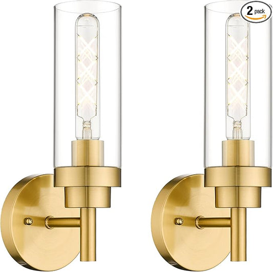Emak Brushed Gold Sconces Wall Decor Set of 2, Modern Bathroom Light Fixtures Wall Sconce with Clear Glass Shade for Bathroom, Bedroom, Living Room, Hallway, WS085-BGD-2PK