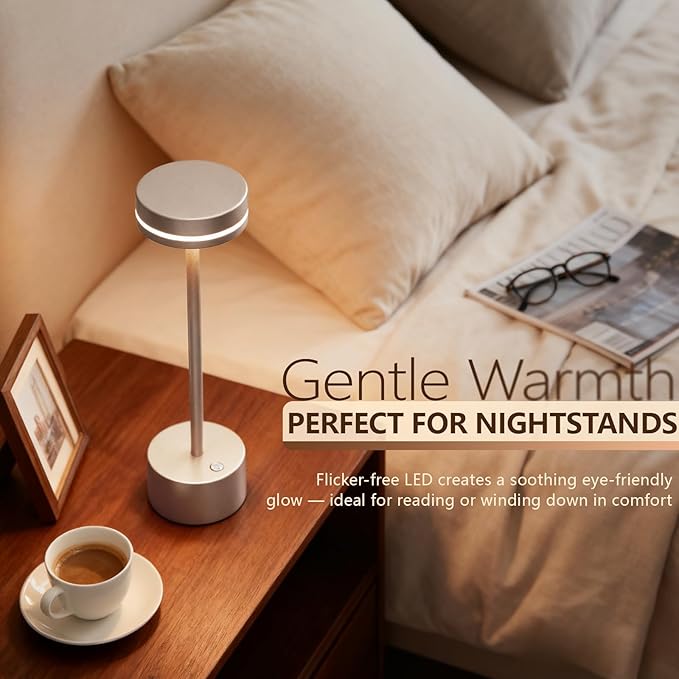 Cordl ess Table Lamp Rechargeable, Touch Desk Lamp with 5000mAh Battery, 3 Color Dimmable Light, Small Portable Aluminum Light for Outdoor/Patio/Dining/Tabletop/Bar, Home Decor (Silvery 2PK)
