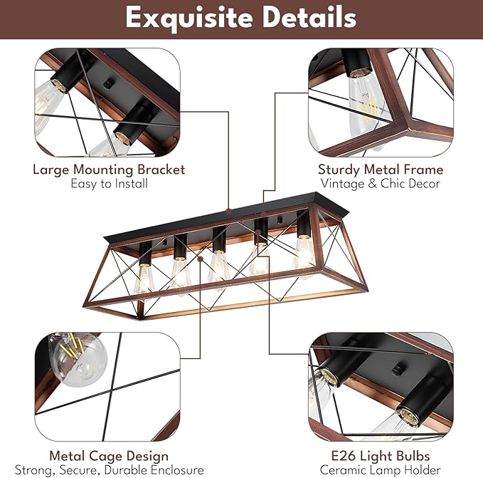 31.5" Flush Mount Ceiling Light, 5-Light Industrial Vintage Chandelier with Matte Black & Brushed Bronze Finish, Large Close to Ceiling Lighting for Dining Room, Kitchen Island, Living Room, Hallway