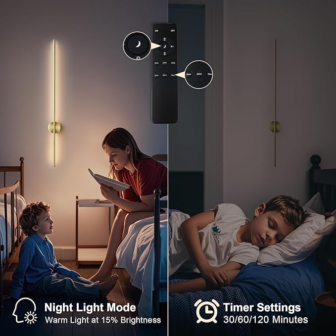 Battery Operated Modern Wall Sconces, Dimmable Wireless Wall Light Set of Two with Remote Control, 3 Color Temperatures, Rechargeable LED Wall Sconce for Bedroom, Living Room, Hallway, 39.3 Inch Brass