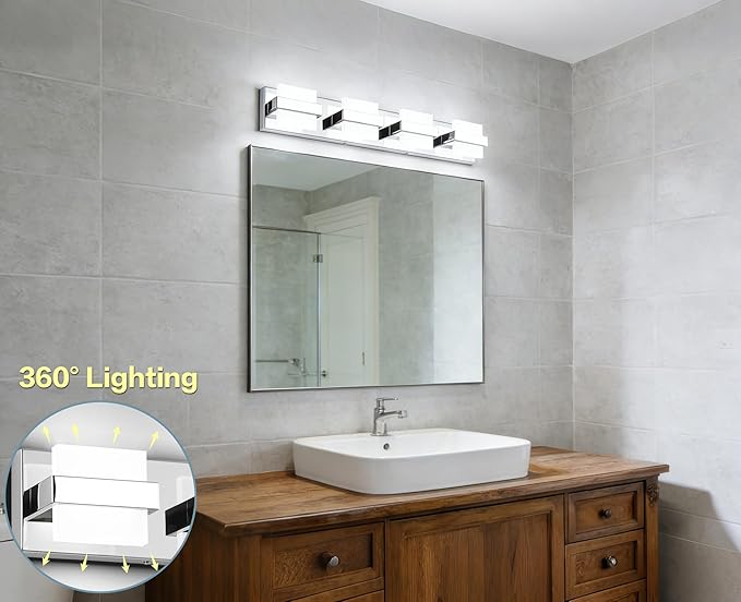 SOLFART Chrome Vanity Light Fixture, Bathroom Light Fixture Over Mirror, 4 Lights Vanity Lighting, Modern LED Bathroom Vanity Lighting, Easy Install Dimmable