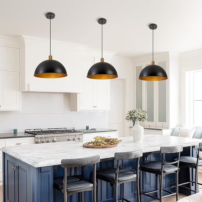 16 Inch Black Dome Pendant Lights for Kitchen Island, Height Adjustable Farmhouse Industrial Hanging Light Fixtures Over Table for Dining Room, Entryway, 1 Pack