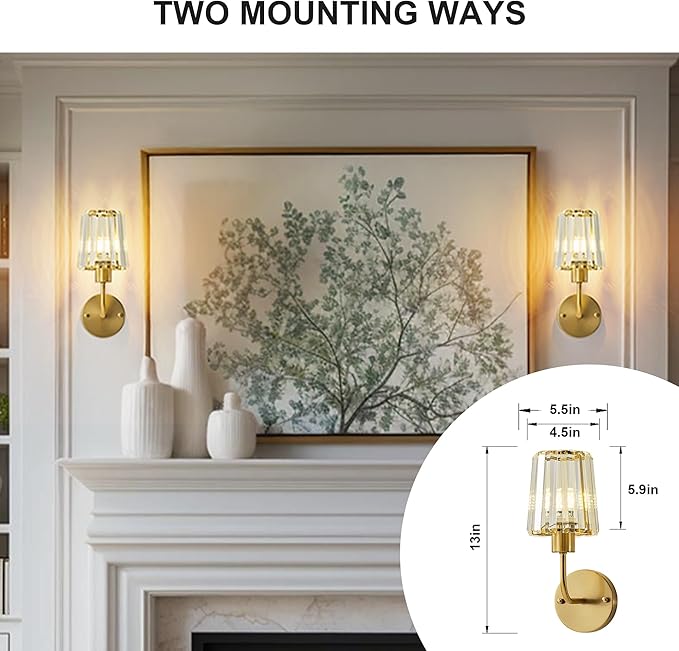 KARTOOSH Hardwired Crystal Wall Sconces Set of Two - Dimmable Wall Light Fixtures 3000K, Warm White, for Hallway, Bathroom, Living Room, Bedroom, Brass, 13 Inch