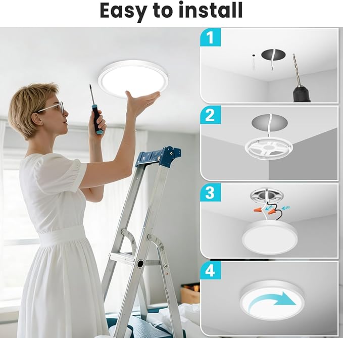 libtit 7 inch Flush Mount LED Ceiling Light Fixture, 3000K-6500K Adjustable, 15W 1500lm White Satin Round Ceiling Lamp for Bathroom Hallway Kitchen Bedroom, 2 Pack