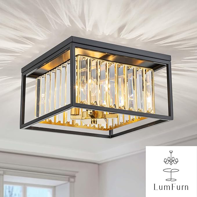 LumFurn 4-Lights Crystal Ceiling Light, 2-Tier Square Flushmount Light Fixture for Living Room, Foyer, Bedroom, L12 x W12 x H7, Brass & Gold Finish