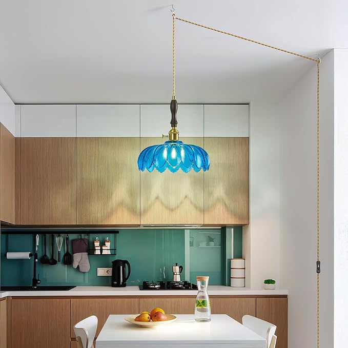 Modern Blue Plug in Glass Pendant Light Retro Flower Glass Hanging Lamp Gold Brass Decorative Adjustable Ceiling Hanging Light Suitable for Kitchen Island Bedroom Dining Room Living Room