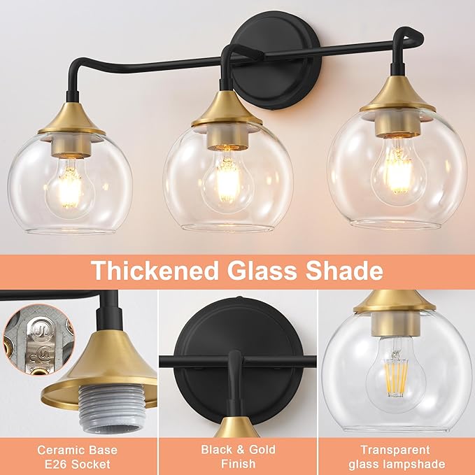 Bathroom Light Fixtures 3 Light Bathroom Vanity Light with Clear Glass Shade, 22 inch Vanity Lighting Fixtures Over Mirror, Black and Gold Vanity Lights Fixture (Exclude E26 Bulb)