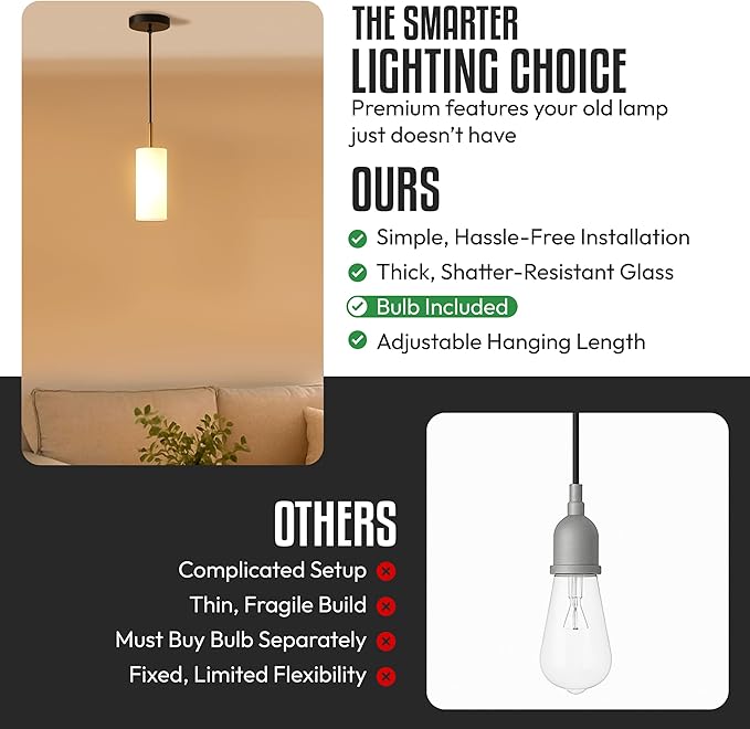Luxury Black Pendant Light (Bulb Included) with Gold Finish & Adjustable Height - Hanging Ceiling Light with Durable Glass for Kitchen Islands