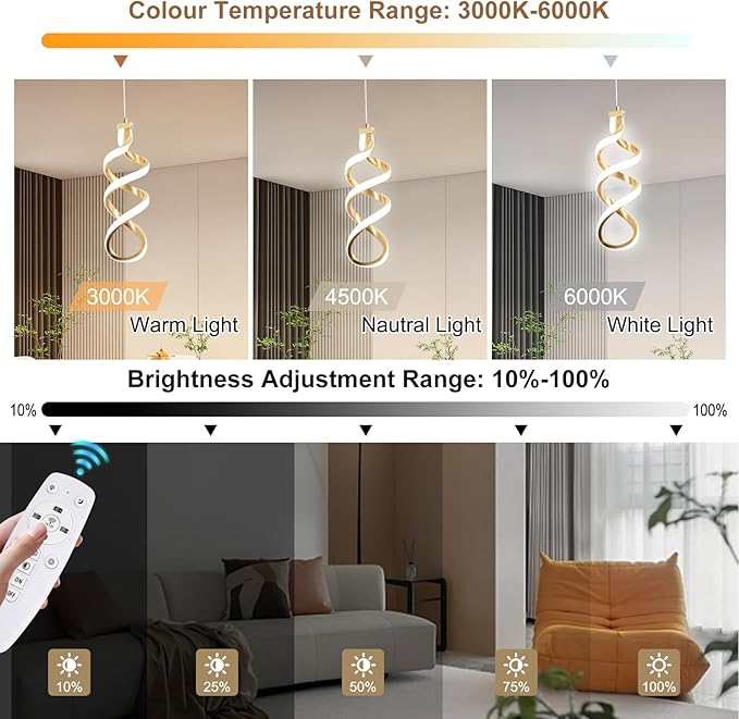 Modern Led Pendant Light Fixture, 15W Spiral Led Chandelier Hanging Lamp, 3000K-6000K, Dimmable Pendant Lamp, Adjustable Height Pendant Light for Kitchen Island Dining Room Bedroom Cafe (Gold)