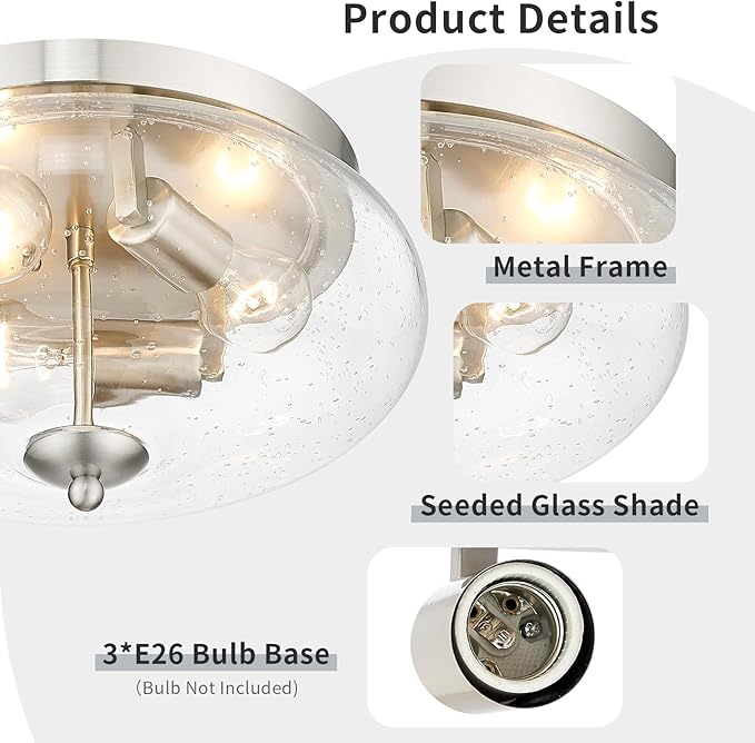 Darkaway Large Ceiling Light Fixtures 3-Ight Flush Mount Indoor Outdoor Ceiling Light with Seeded Glass Shade for Hallway Kitchen Bedroom Porch Living Room Dining Room Nickel Finish