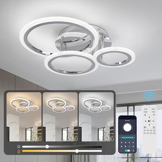 Dimmable Modern Led Ceiling Light 3 Rings Dimming Circle Modern Living Room Light Fixture Chrome Acrylic Flush Mount Ceiling Light with Remote for Bedroom Bathroom Kitchen Balcony Corridor