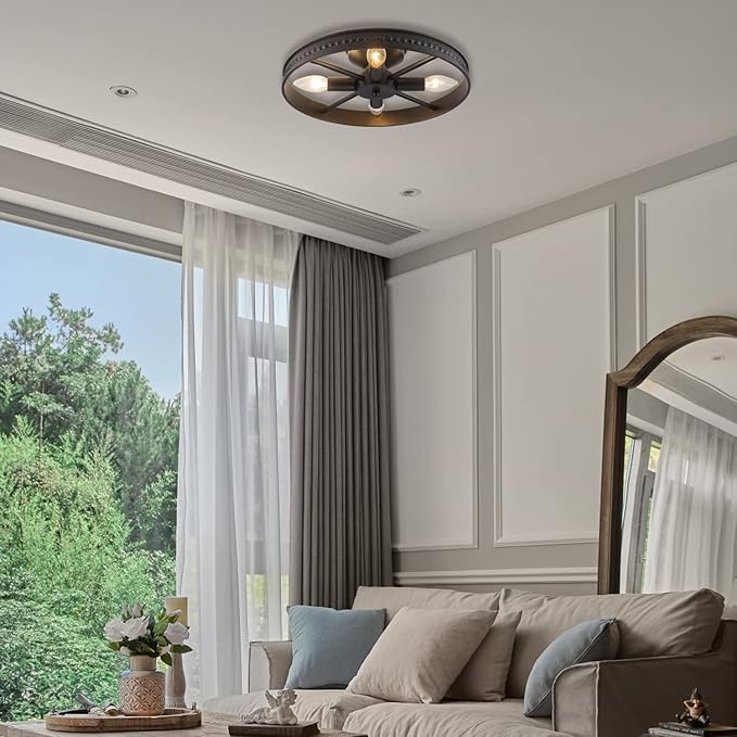 Round Ceiling Light Fixture 4-Lights Semi-Flush Mount Ceiling Light Fixture Black Rustic Metal Farmhouse Chandelier for Kitchen Island Dining Room Hallway Entryway Bedroom Living Room