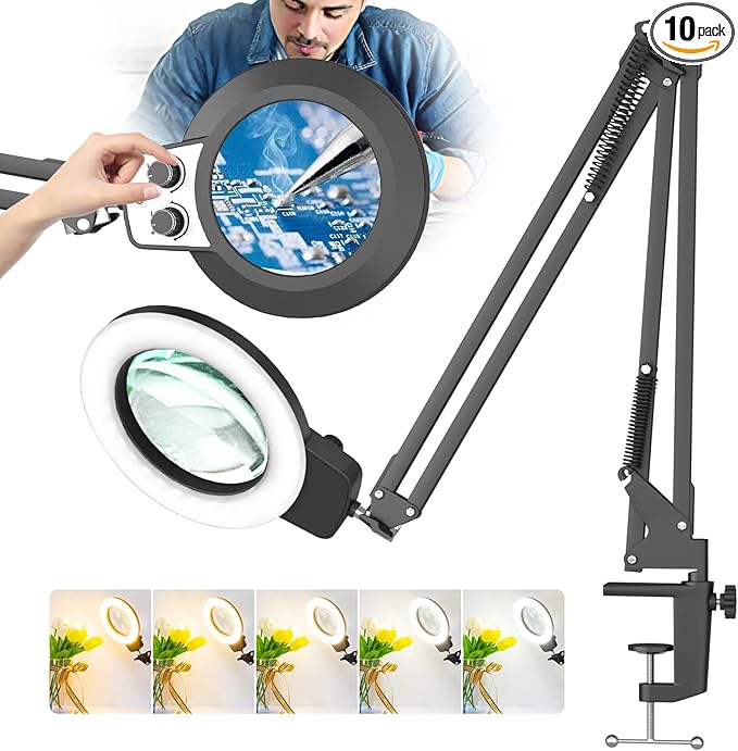 HITTI 12X Ultra Long Magnifying Glass with Light and Clamp, Infinite Color Brightness Workbench Light, Hands Free LED Magnifier Light Stand for Crafts Reading Painting Soldering (12X 27.5In Clamp)