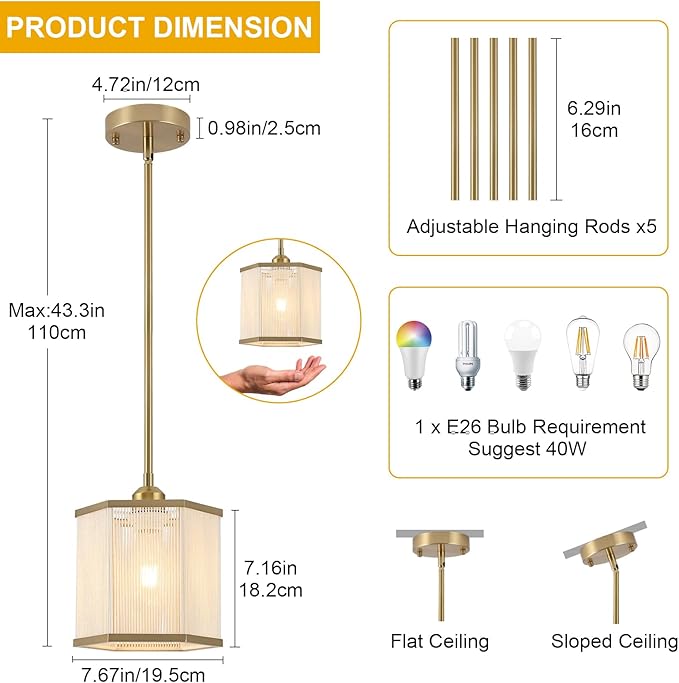 2-Pack Gold Woven Pendant Lights, 7.67" Mini Boho Rattan Hanging Pendant Light Fixtures, Modern Hexagonal Island Lights for Kitchen Island, Foyer, Hallway, E26 Base, Brass