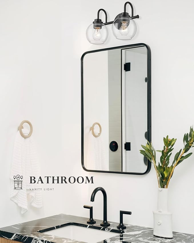 2-Light Bathroom Vanity Light Over Mirror, Matte Black Vanity Light with Clear Glass Shade, Bathroom Light Fixtures Wall Mount for Powder Room Bath, AD-22280-2W-BK