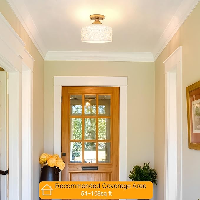 Artistic Gold Handcrafted Semi Flush Mount Ceiling Light - 12 Inch Vintage White Glass Shade with Etched Patterns, Easy Install Small Ceiling Light Fixture for Hallway, Kitchen, Bedroom