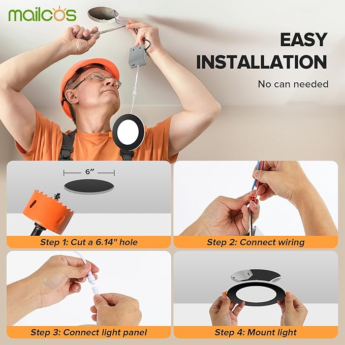 MAILCOS 12 Pack Black 4 Inch 5CCT LED Recessed Ceiling Light with Night Light, 2700K-5000K Selectable, Ultra-Thin Lighting, 9W 810LM, Dimmable Canless Wafer Downlight ETL Certificated