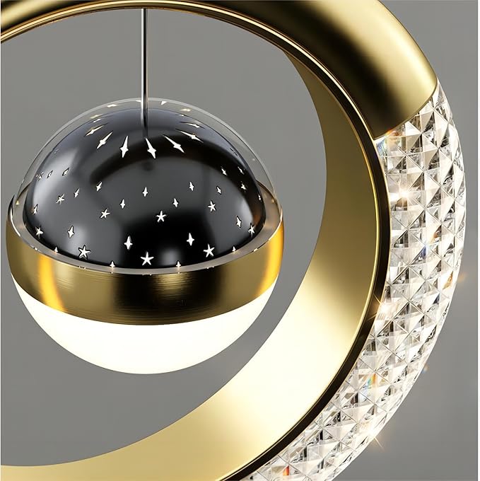 7.9 Inch Moon Shaped Star Bedside Chandelier, Acrylic Pendant Light, Modern LED Chandelier for Bedroom, Living Room - 2 Piece Set, Gold Warm Light