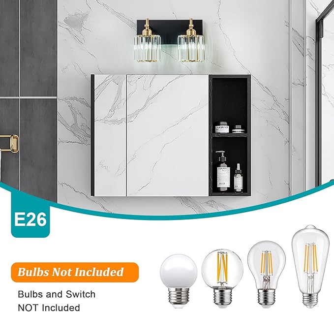 2-Light Crystal Bathroom Vanity Lights, Black Gold Modern Bathroom Light Fixtures Over Mirror Crystal Wall Lighting with Polished Gold Finish