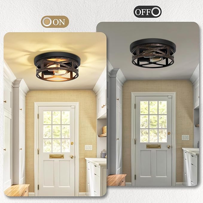 Flush Mount Ceiling Light Fixture,Vintage Metal Black 2-Light Hallway Light Fixtures Ceiling,Rustic Retro Light Fixtures Ceiling Mount for Farmhouse,Kitchen,Hall (2 Pack)
