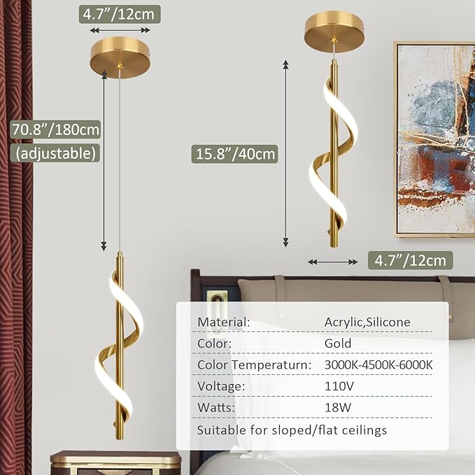 CANEOE Gold Modern Led Pendant Light,3000K-6000K Dimmbale Spiral Led Pendant Lamp, Adjustable Height Hanging Pendant Light Fixture for Dining Room Bedroom Kitchen Sink, 1 Pack