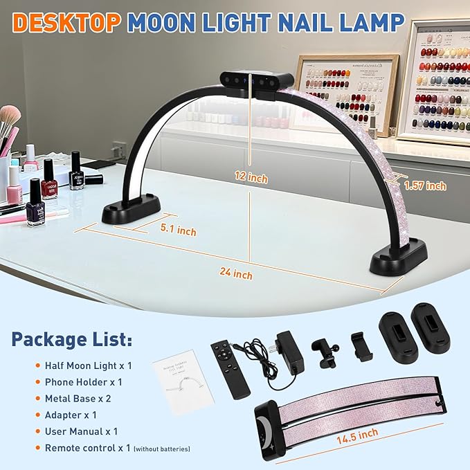 KIRKAS 24in Half Moon Light for Nail Desk with Phone Holder, Half Moon Lamp Adjustable Color Brightness, Arch Nail Tech Light with Display Screen for Manicure, Craft, Esthetician (Diamond,Black Small)