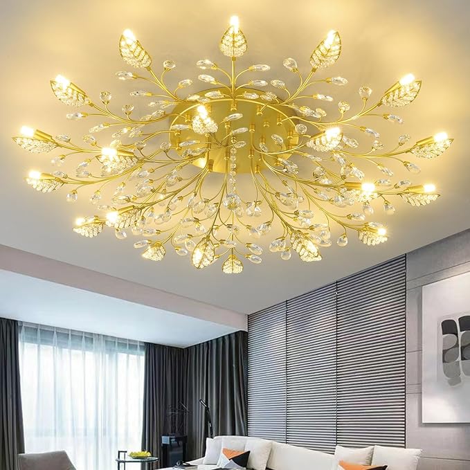 Modern Crystal Ceiling Light Fixture Gold Leaves Semi Flush Mount Ceiling Lights,Chandeliers Lighting for Bedroom Living Room Dining Room Kitchen Hallway Foyer
