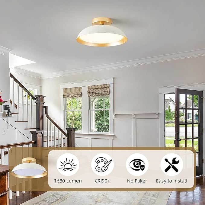 OKELI LED Flush Mount Ceiling Light Fixture, 24W Dimmable 5CCT Modern White Gold Ceiling Light, 11.8 Inch Close to Ceiling Lighting for Bedroom Kitchen Living Room Hallway