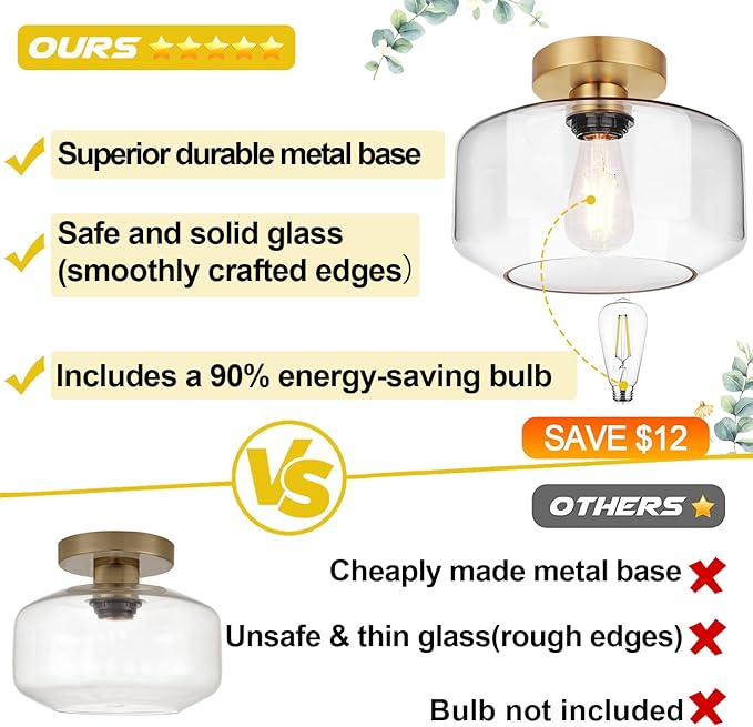 Lynnoland Industrial Semi Flush Mount Ceiling Light (X-Large), Clear Glass Shade Ceiling Light Fixture, Brushed Gold Light Fixture for Hallway Bathroom Bedroom, Vintage Hanging Light Fixtures