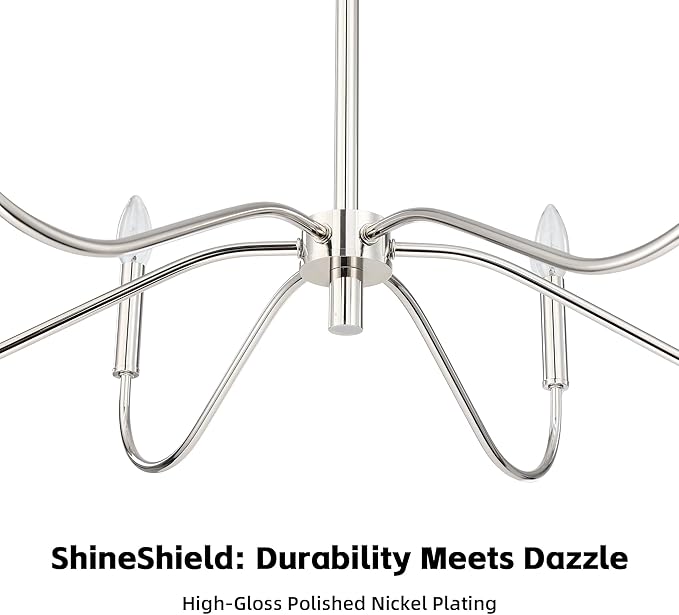 6-Light Polished Nickel Chandelier, Modern Farmhouse Pendant Light, Adjustable Height Ceiling Light Fixture for Dining Room Bedroom Foyer Living Room Kitchen Island