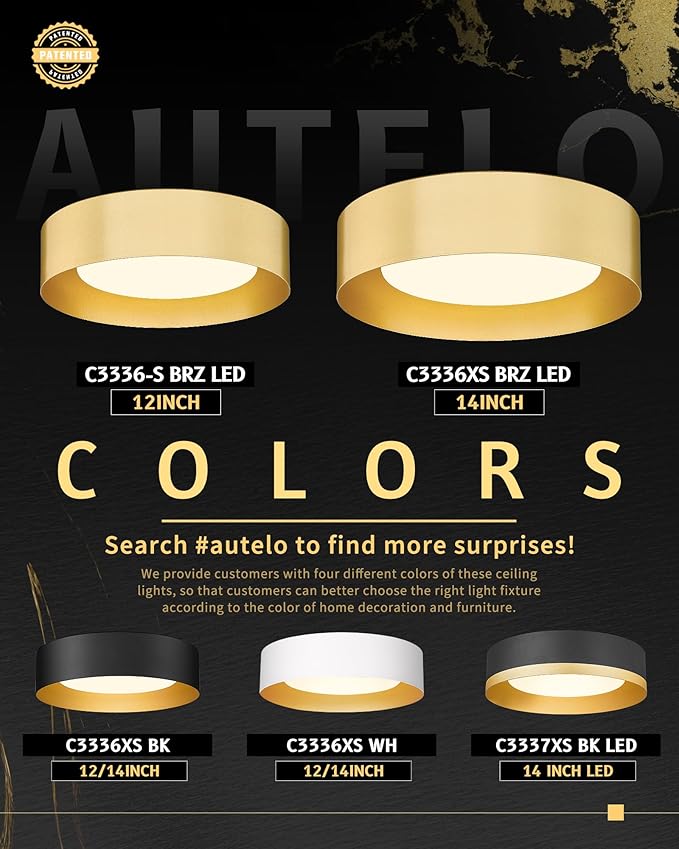AUTELO Gold Flush Mount Ceiling Light, LED 14" Ceiling Mount Light Fixture with Frosted Glass for Bedroom Foyer Hallway C3336XS BRZ LED