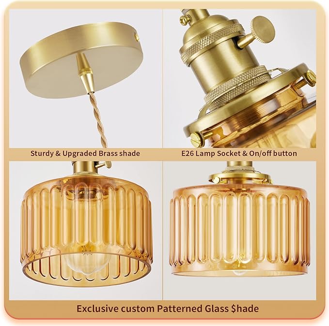 2 Pack Industrial Pendant Lighting, Modern Glass Shade Farmhouse Adjustable Hanging Light Fixtures for Kitchen Island Living Room Bedroom Hallway, Brown
