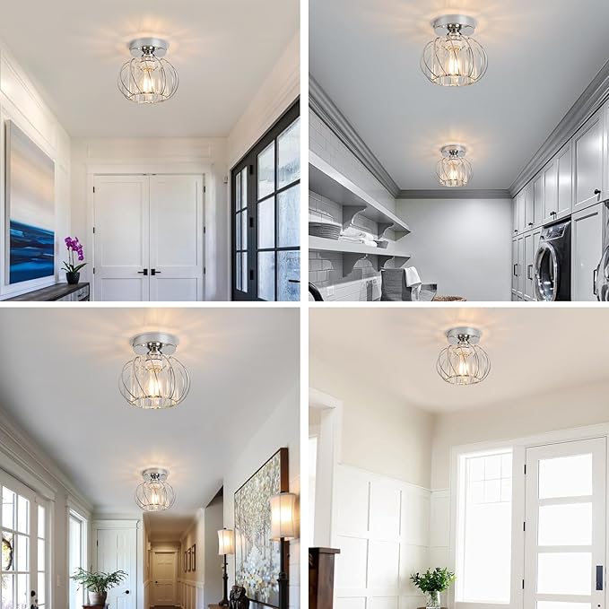 Semi Flush Mount Crystal Ceiling Light, Metal Cage Hallway Ceiling Lamps, Farmhouse Ceiling Light Fixture, Industrial Crystal Chandelier for Corridor Bathroom Kitchen (2, Chrome, 7.5 Inch)