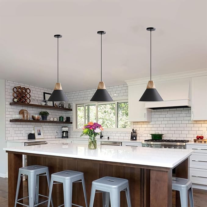 Pendant Light,Solid Wood Ceiling Hanging Lamp,Modern Matte Black Pendant Lighting for Kitchen Island Dining Room Coffee Bar (Black-2 Pack)