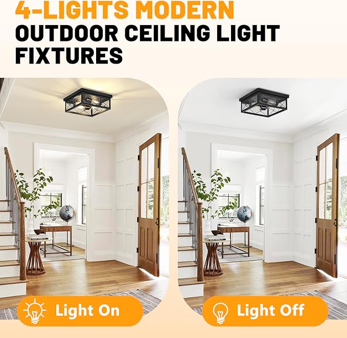 Asnxcju 12" Square Flush Mount Ceiling Light with Clear Glass Shade, 4-Light Farmhouse Outdoor Porch Ceiling Light Fixtures, Black Hallway Light Fixtures Mount for Garage Living Room Foyer
