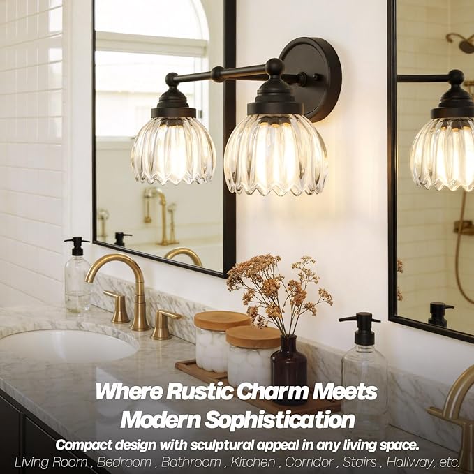 Vintage Double Arm Tulip Glass Wall Sconce Lighting, 2-Lights Bathroom Vanity Light Fixture for Hallway Bedroom Living Room Bedside Nightstands Lights