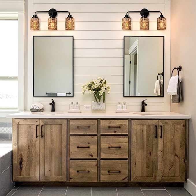 3-Light Bathroom Light Fixtures Vanity Lights Over Mirror, Rustic Farmhouse Rattan Wall Sconce with Boho Hand Woven Wall Lamp Natural Style Wall Mounted Light Vanity Lighting for Bedroom Hallway