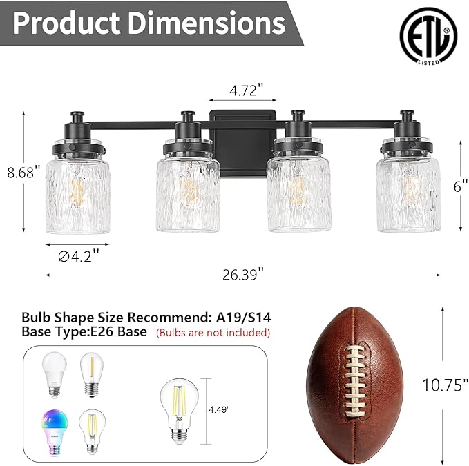 4 Lights Bathroom Light Fixtures Farmhouse Black Vanity Lights for Bathroom Lighting Fixtures Over Mirror with Hammered Glass Lampshade for Cabinet Mirror Bedroom Hallway