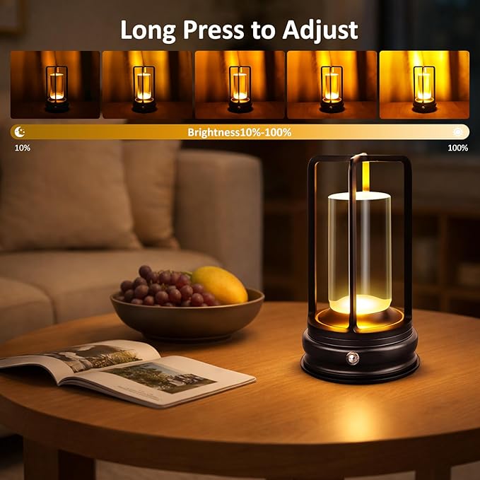 Cordless Table Lamp - 1 Pack Rechargeable 2000mAh Battery Operated LED Lamp with 3-Color Stepless Dimming, Touch Control, for Dining Room, Bedroom, Bar, Restaurant, Patio & Camping, Black