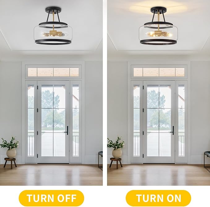 3-Light Semi Flush Mount Ceiling Light Modern Glass Drum Entryway Chandelier Black and Gold Hallway Lights Kitchen Ceiling Lighting Fixtures for Bedroom Foyer Laundry Bathroom Dining Room