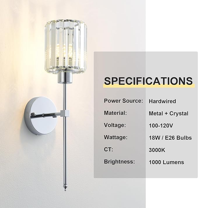 KARTOOSH Hardwired Crystal Wall Sconces Set of Two - Dimmable Wall Light Fixtures 3000K, Warm White, for Hallway, Bathroom, Living Room, Bedroom, Chrome, 20.1 Inch