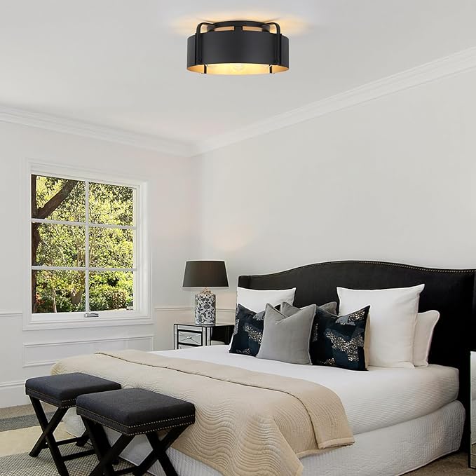 Flush Mount Ceiling Light, 5-Light Large Industrial Ceiling Light Fixture Matte Black with Gold Inside Close to Ceiling Lights for Living Room Kitchen Island,E26 Base (Not Included Bulb)