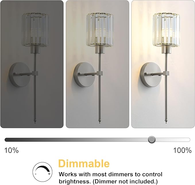 KARTOOSH Hardwired Crystal Wall Sconces Set of Two - Dimmable Wall Light Fixtures 3000K, Warm White, for Hallway, Bathroom, Living Room, Bedroom, Nickel, 20.1 Inch