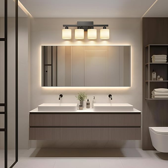 PARTPHONER Bathroom Light Fixtures, Bathroom Lighting Fixtures Over Mirror, Interior Classic Vanity Lights, Modern Vanity Light with Textured White Glass Shade, Matte Black, 4-Light