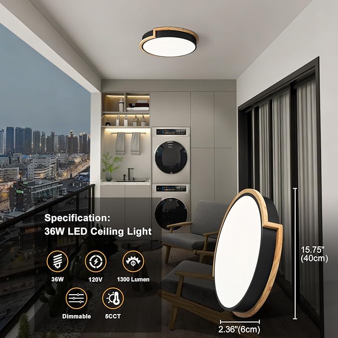 Modern Dimmable LED Flush Mount Ceiling Light Fixture,Round Close to Ceiling Lighting,Matte Black with Wood Accent,Minimalist Kitchen Light Fixtures for Bedroom,Entryway,Living Room,15.75in